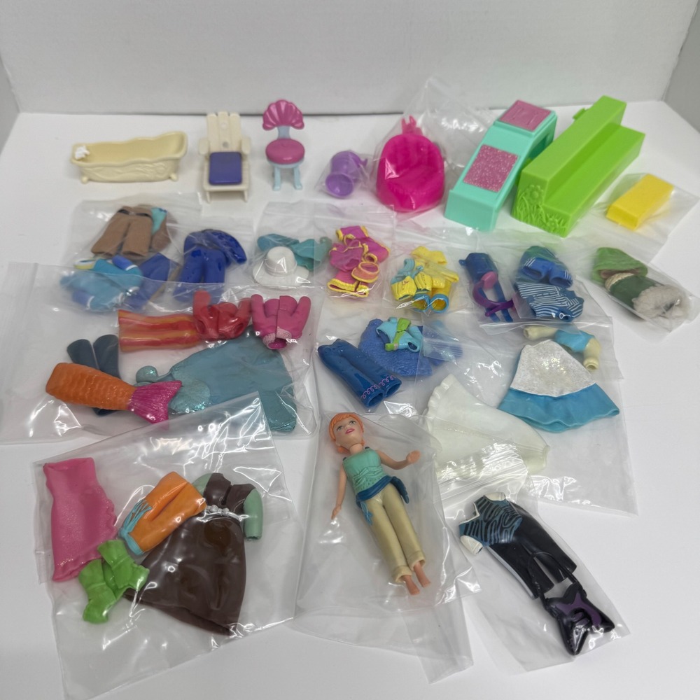 Vintage Polly Pocket Doll Lot Quick Click Rubber Clothes Furniture Accessories